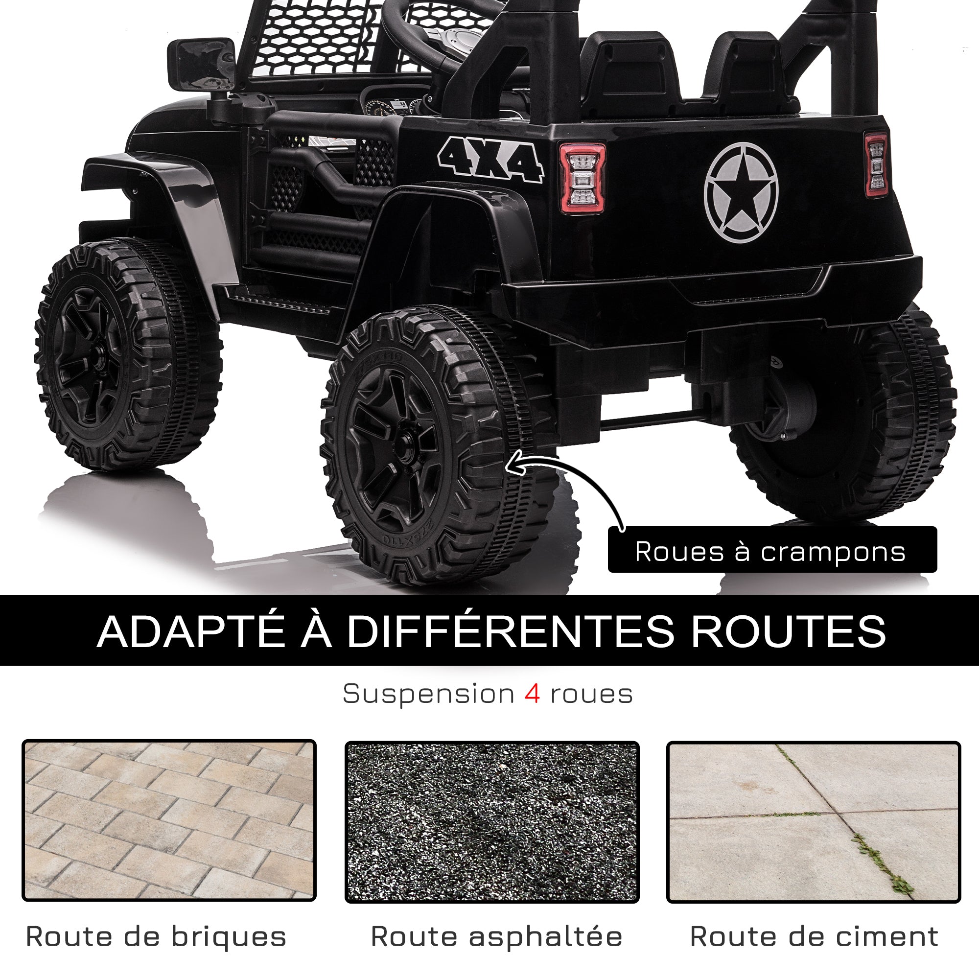 Voiture électrique pour enfants 12V avec télécommande, suspension à 4 roues, phares et klaxon, MP3, vitesse 3-5 km/h, pour 3-6 ans - noir