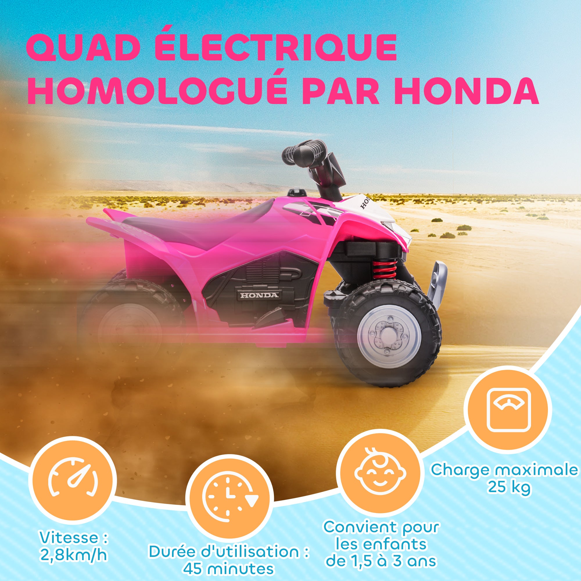 Quad Électrique Enfant 6V, Vitesse 2,8 km/h, Phares LED et Klaxon - Rose | Magi Jouets