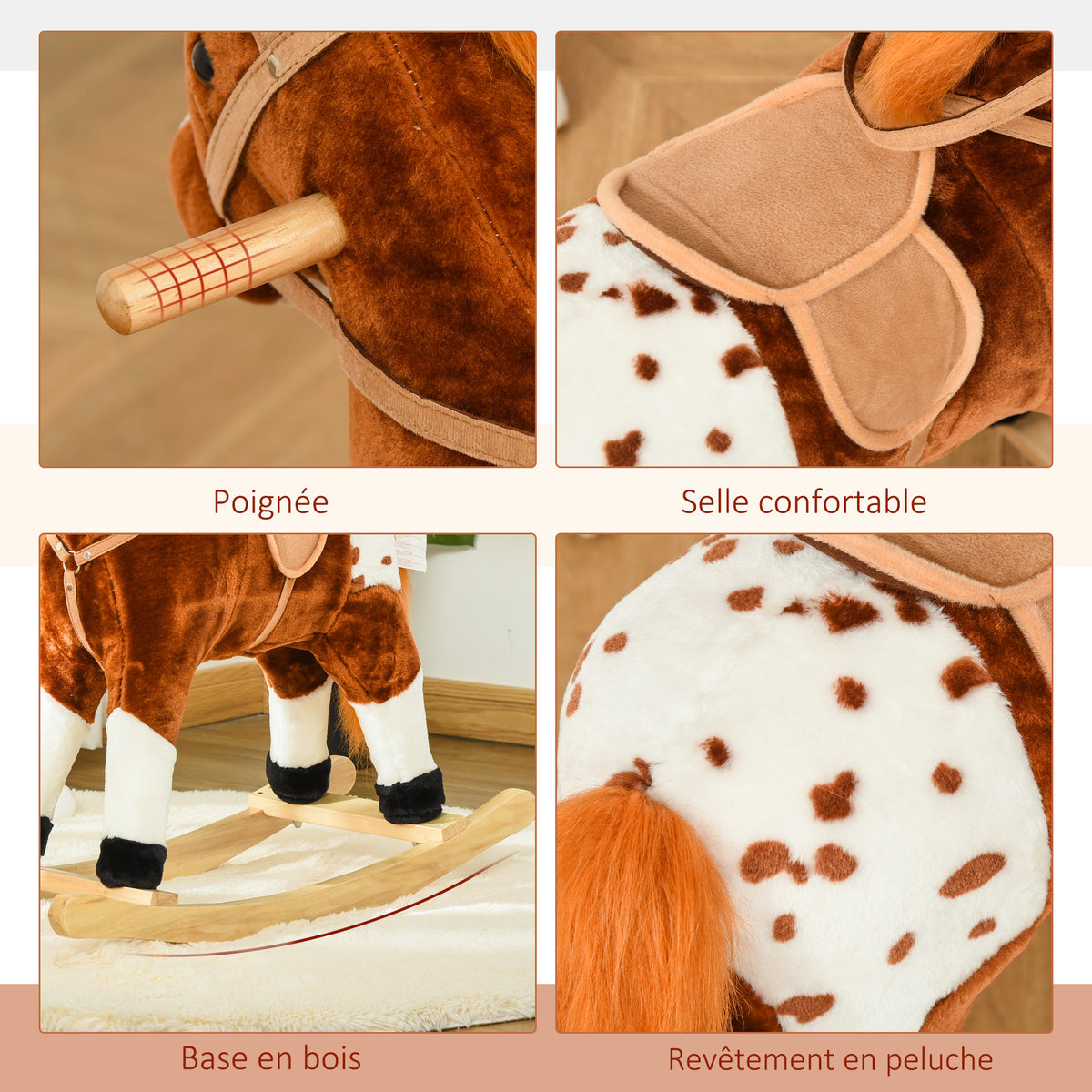 Cheval à Bascule Peluche avec Effets Sonores, Selle et Rênes, 3-6 Ans - Marron/Blanc | Magi Jouets