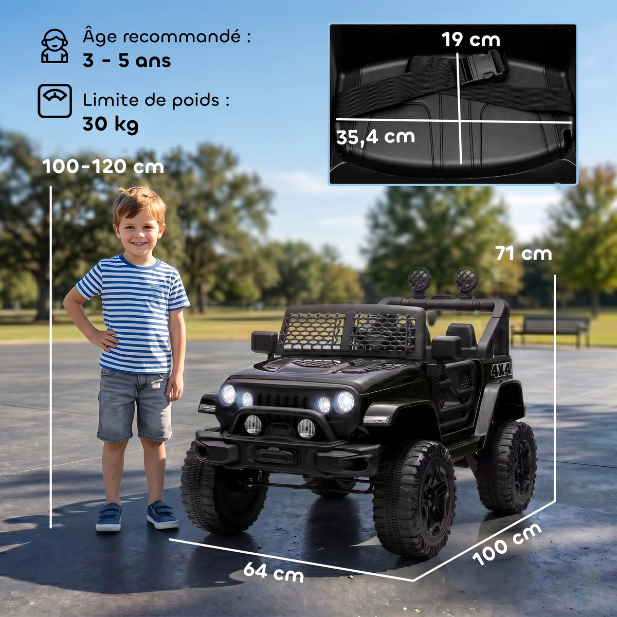 Voiture électrique pour enfants 12V avec télécommande, suspension à 4 roues, phares et klaxon, MP3, vitesse 3-5 km/h, pour 3-6 ans - noir
