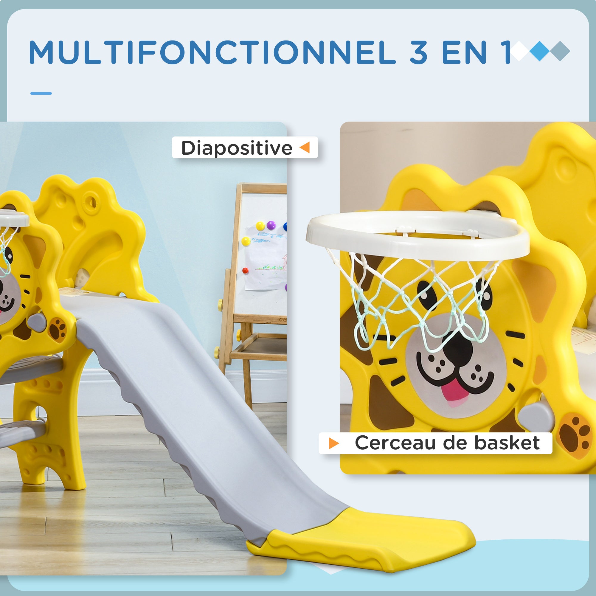 Toboggan Enfant Intérieur/Extérieur avec Panier de Basket, 18-36 Mois - Jaune/Gris | Magi Jouets