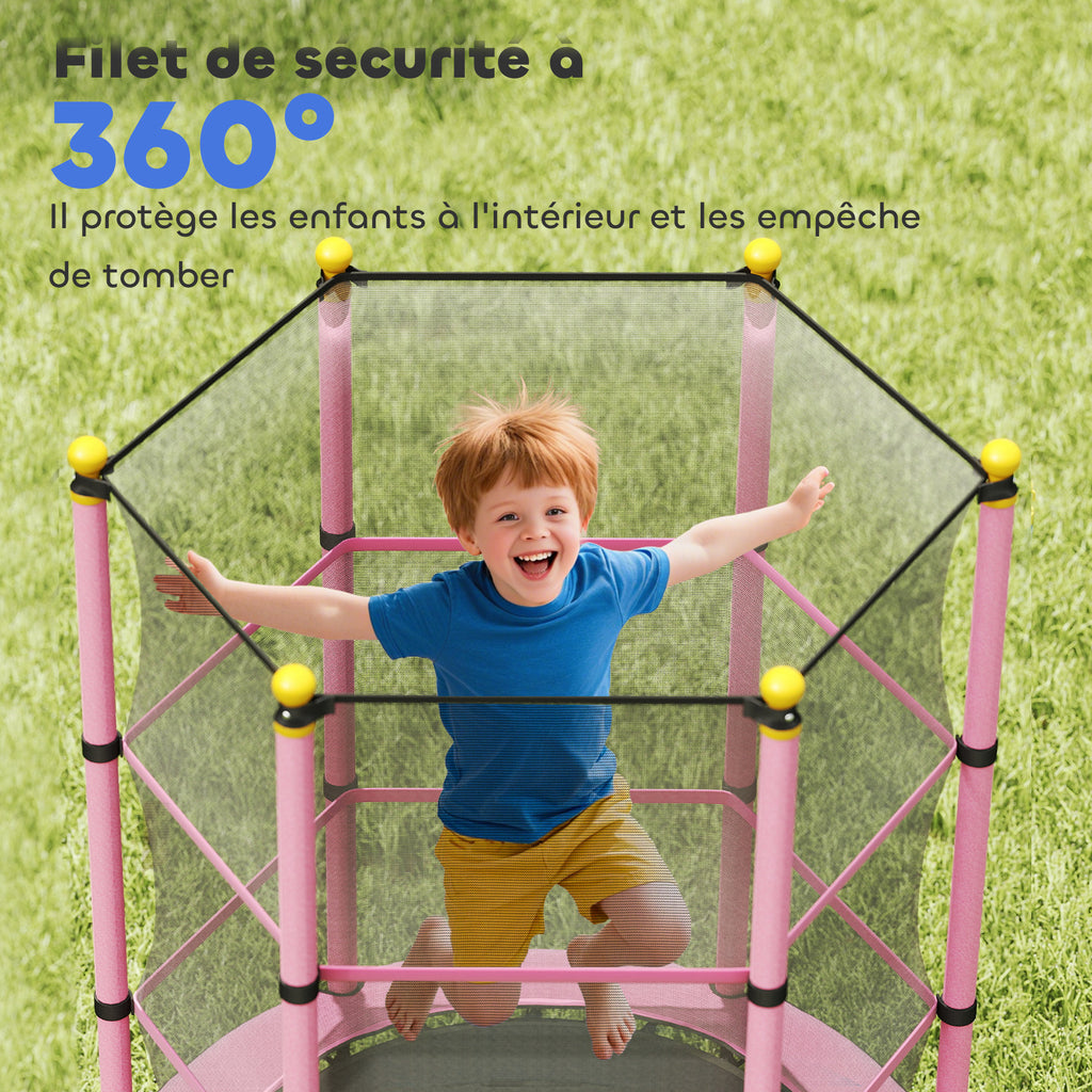 Trampoline Enfant Ø 1,40 × 1,90H m Filet de sécurité Porte zipée Couvre-Ressorts 6 poteaux rembourrés Inclus Rose