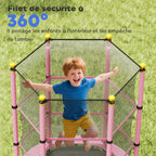 Trampoline Enfant Ø 1,40 × 1,90H m Filet de sécurité Porte zipée Couvre-Ressorts 6 poteaux rembourrés Inclus Rose