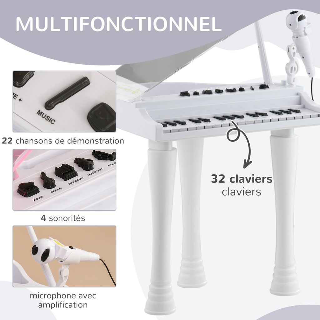 Piano Enfant Électronique 32 Touches avec Tabouret et Couvercle LED - Blanc | Magi Jouets