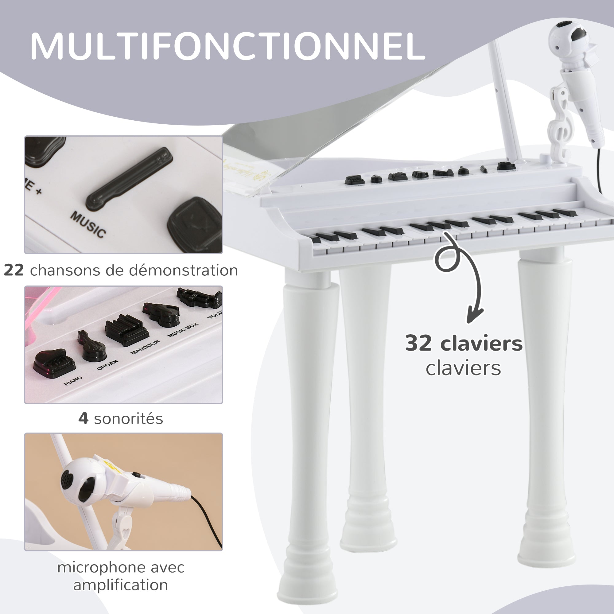 Piano Enfant Électronique 32 Touches avec Tabouret et Couvercle LED - Blanc | Magi Jouets
