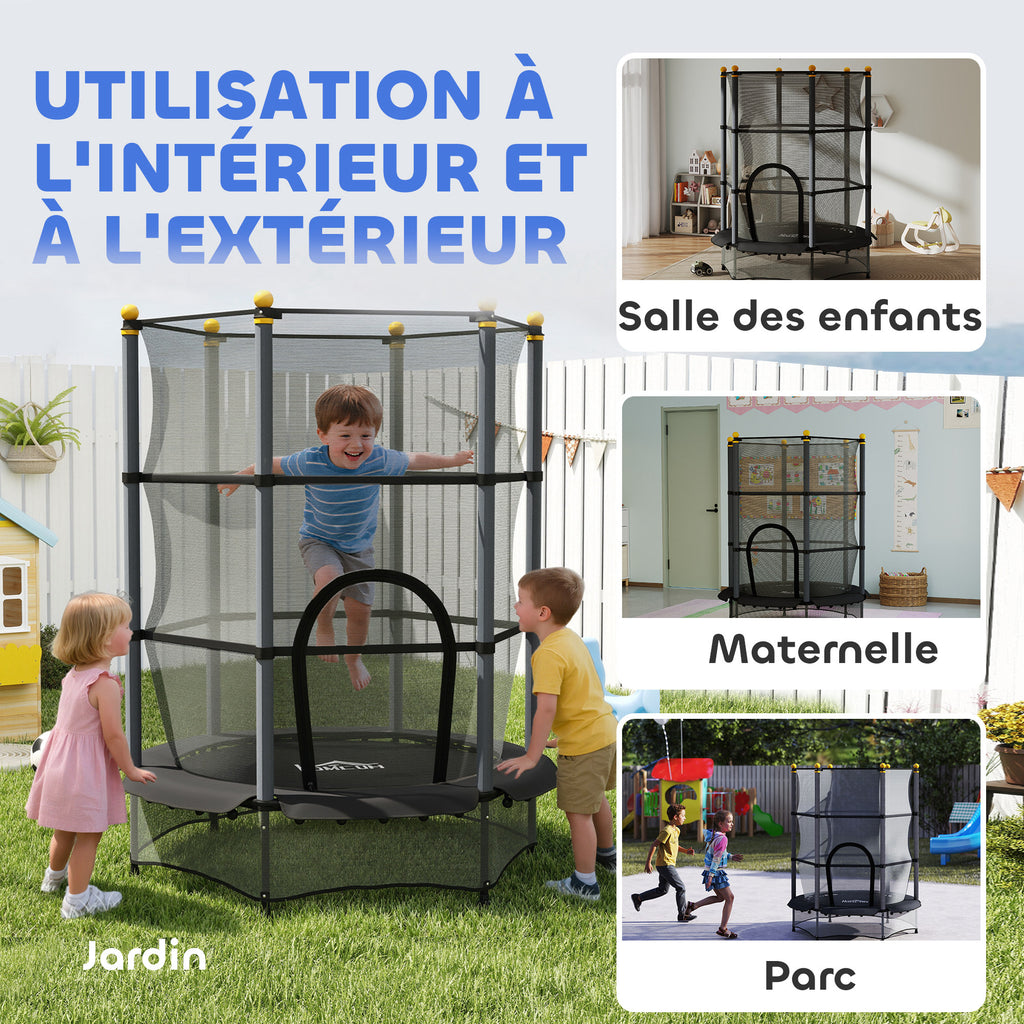 Trampoline Enfant Ø 1,40 × 1,90H m Filet de sécurité Porte zipée Couvre-Ressorts 6 poteaux rembourrés Inclus Noir