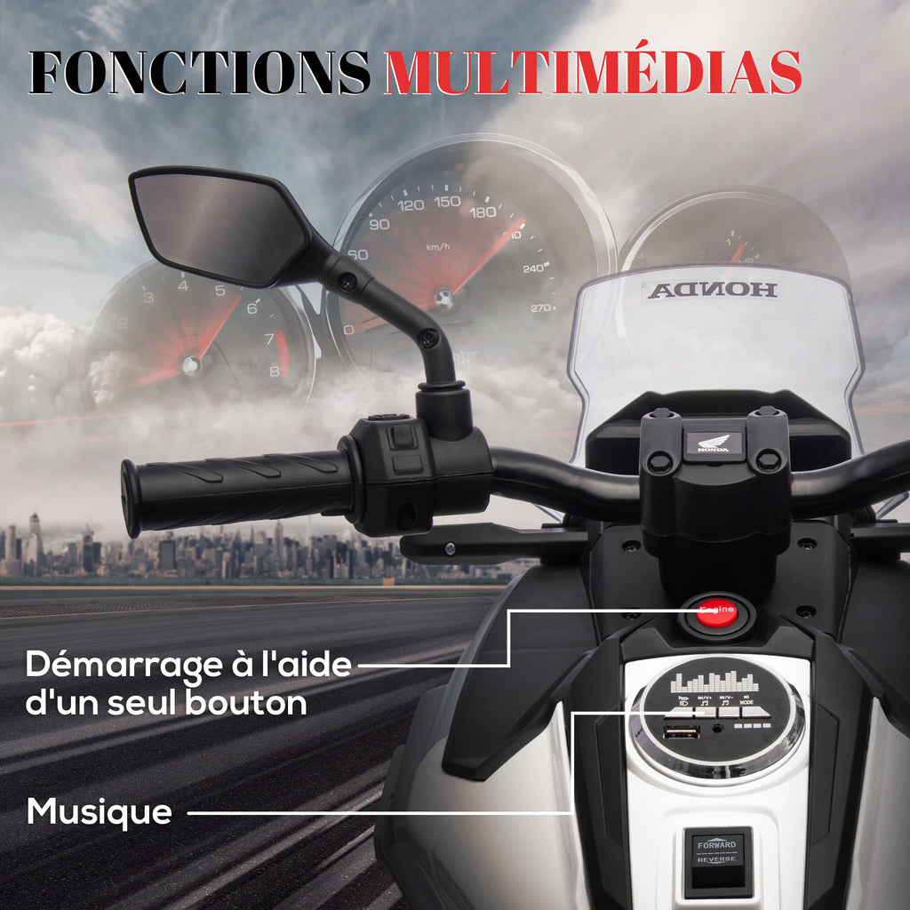 Moto électrique pour enfants moto porteur Honda pour enfants 3 à 6 ans avec musique, phares blanc