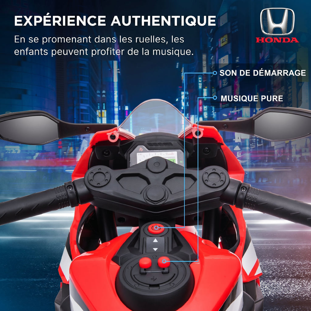 Moto Électrique Enfants sous Licence HONDA 6 V, 3 Km/h, Musique & Lumière, 2 Roues d'Entraînement, Rouge
