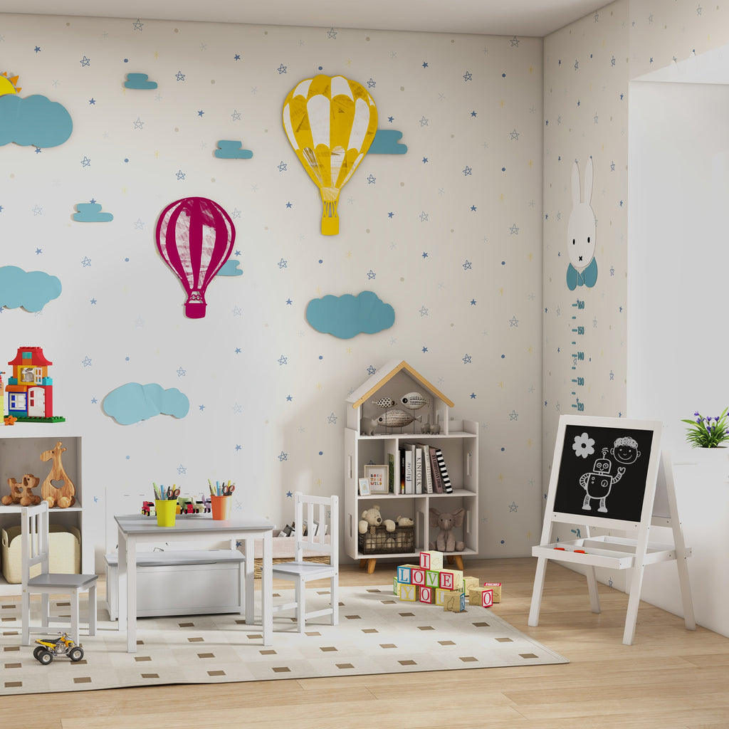 Étagère de Rangement Enfant Forme de Maison, 3 Niveaux, 65x25x108,5 cm - Blanc et Naturel | Magi Jouets