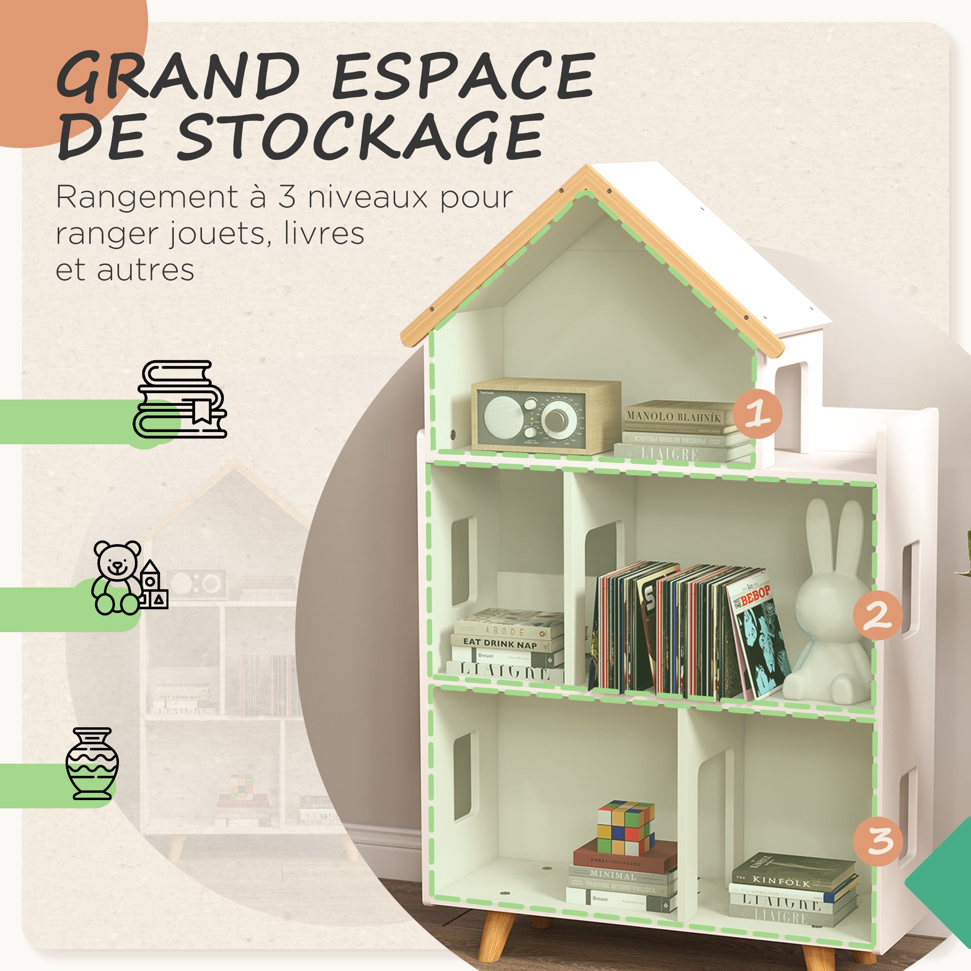 Étagère de Rangement Enfant Forme de Maison, 3 Niveaux, 65x25x108,5 cm - Blanc et Naturel | Magi Jouets