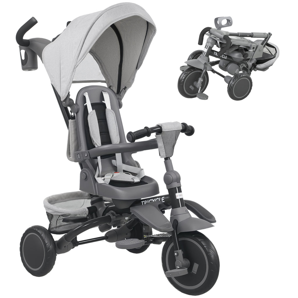 Tricycle Bébé Évolutif 6 en 1 Pliable avec Poignée Parentale et Siège Pivotant 360° - Gris | Magi Jouets