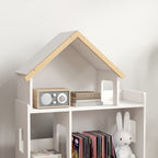Étagère de Rangement Enfant Forme de Maison, 3 Niveaux, 65x25x108,5 cm - Blanc et Naturel | Magi Jouets