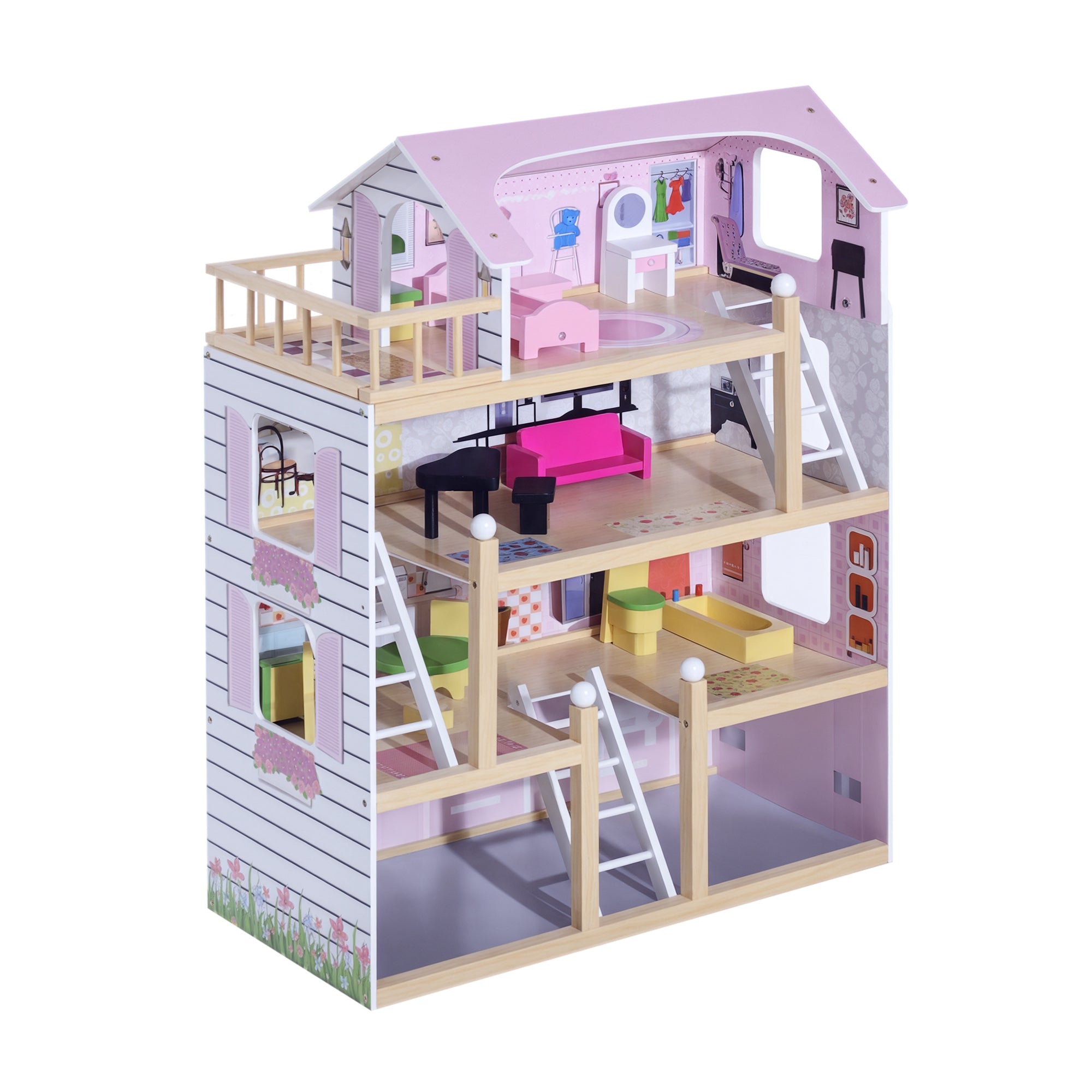 Maison de Poupée en Bois 4 Étages avec 13 Accessoires, 3+ Ans, 60x30x80 cm - Blanc et Rose | Magi Jouets