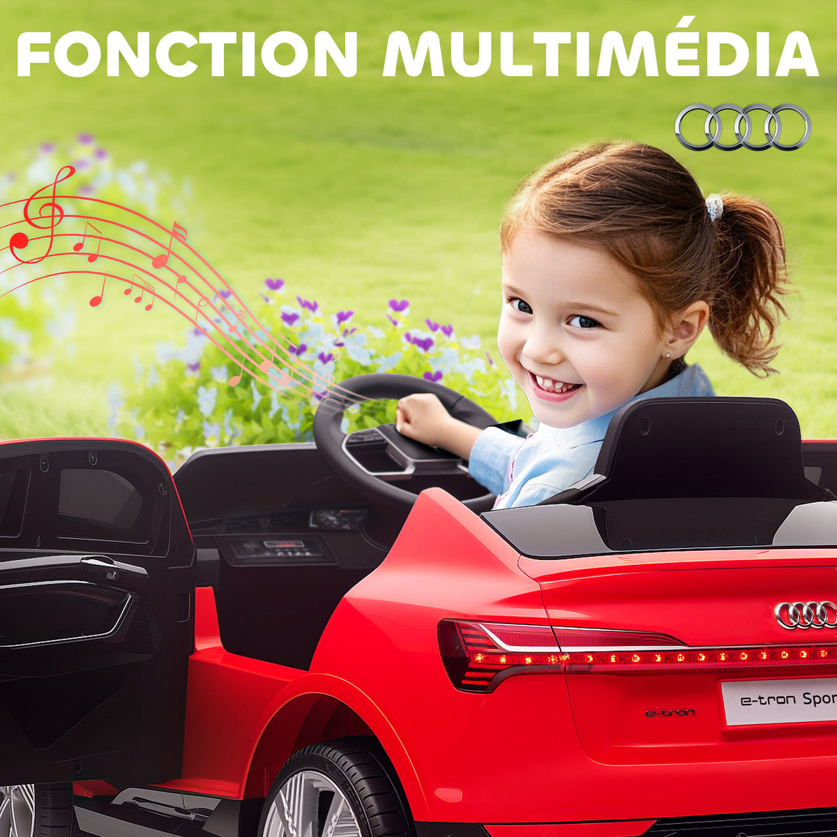 Voiture électrique enfants sous Licence Audi e-tron Sportback, véhicule électrique 12V Max. 5 Km/h avec télécommande 2,4G, phares LED, musique, klaxon, port USB, MP3, rouge