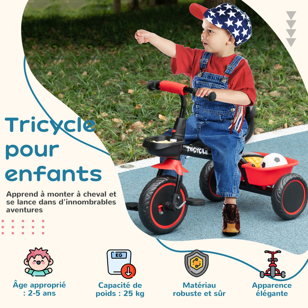 Tricycle Enfant Évolutif avec Siège Réglable, 2 Paniers et Ceinture, 2-5 Ans - Rouge/Noir | Magi Jouets