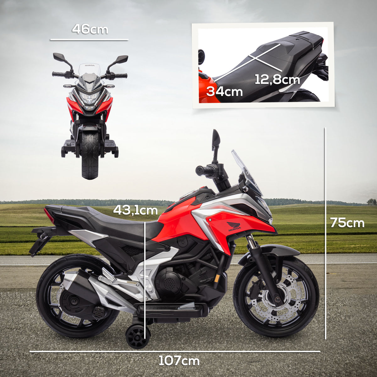 Moto électrique pour enfants 12V moto porteur Honda pour enfants 3 à 6 ans avec musique, phares rouge