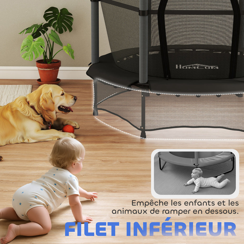Trampoline Enfant Ø 1,40 × 1,90H m Filet de sécurité Porte zipée Couvre-Ressorts 6 poteaux rembourrés Inclus Noir