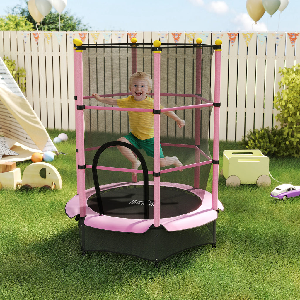Trampoline Enfant Ø 1,40 × 1,90H m Filet de sécurité Porte zipée Couvre-Ressorts 6 poteaux rembourrés Inclus Rose