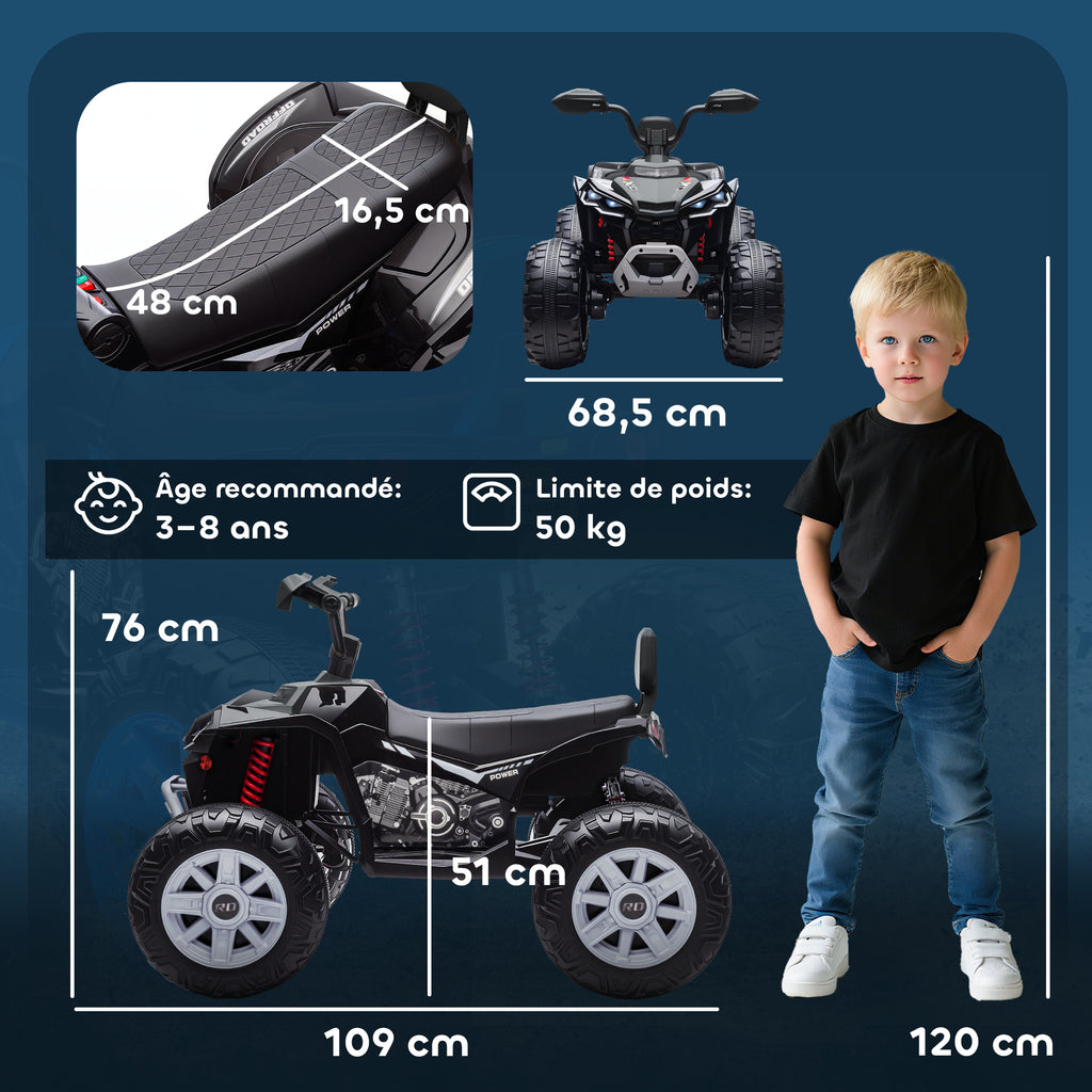 Quad électrique enfant 24V, voiture électrique enfants ATV, double moteur, phares, port USB et MP3, 109x68,5x76cm, noir