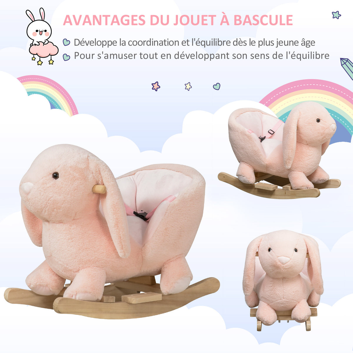 Jouet à Bascule Lapin avec Ceinture de Sécurité et Son, 18-36 Mois - Rose | Magi Jouets