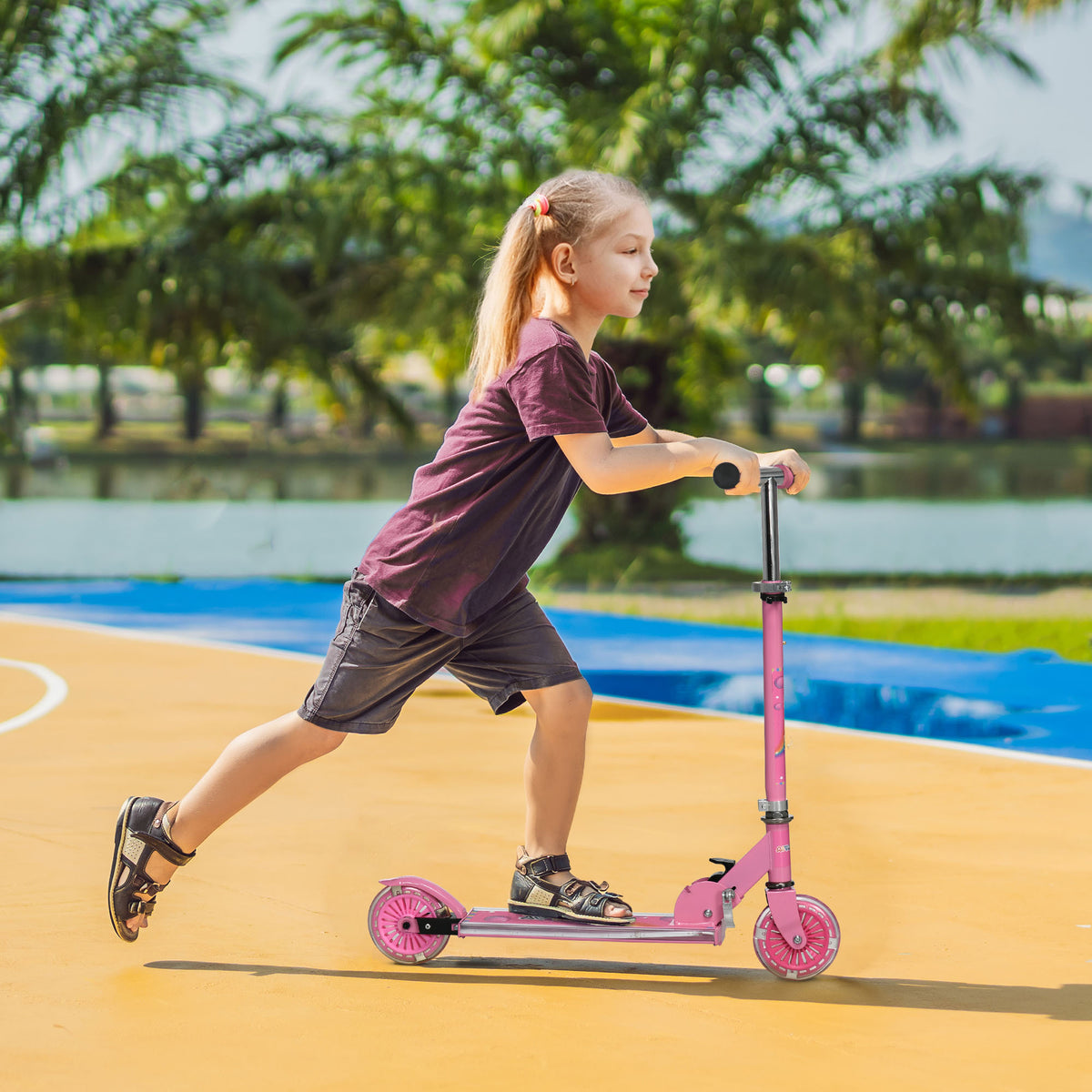 Trottinette pour enfants de 3 à 7 ans pliable roues lumineuses en PU musique 67 x 32 x 78 cm rose