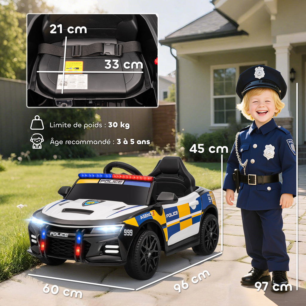 Voiture électrique de police enfant 12V, double moteur, télécommande, USB, MP3, musique & klaxon, multicolore
