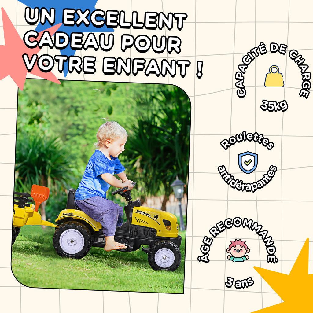 Porteur Tracteur Enfants avec Remorque, Râteau et Pelle, 6 Roues, 3+ Ans - Jaune | Magi Jouets