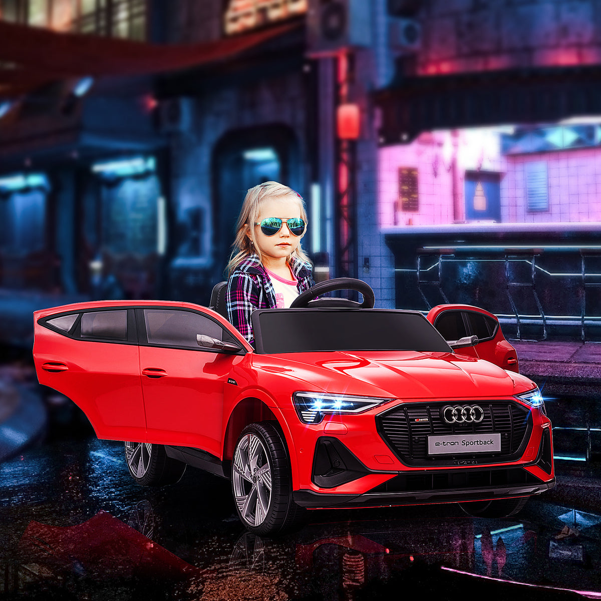Voiture électrique enfants sous Licence Audi e-tron Sportback, véhicule électrique 12V Max. 5 Km/h avec télécommande 2,4G, phares LED, musique, klaxon, port USB, MP3, rouge