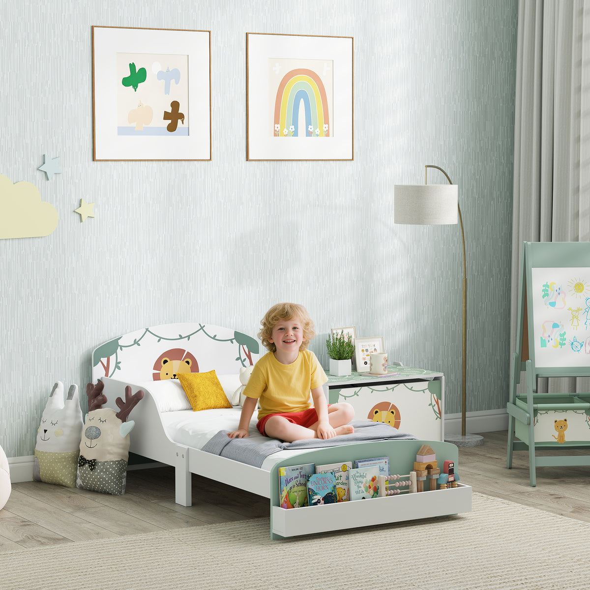 Lit Enfant 70x140 cm avec Barrière de Sécurité, Sommier à Lattes et Rangement - Vert | Magi Jouets