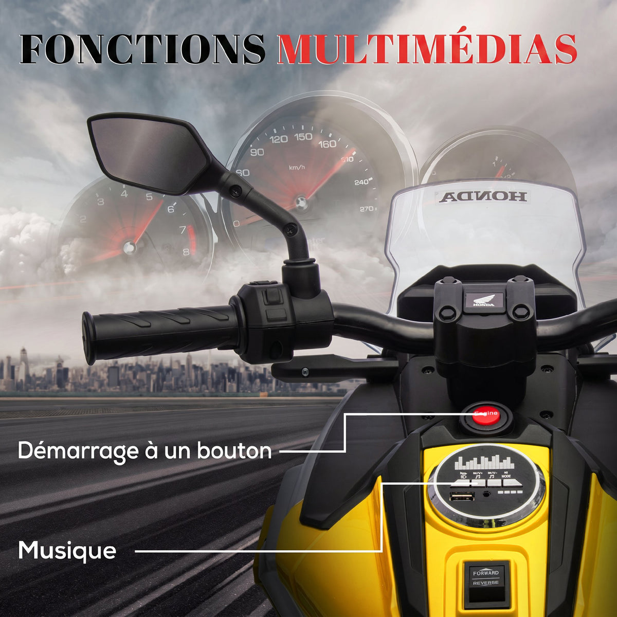 Moto Porteur Électrique Honda pour Enfants 3-6 Ans avec Musique et Phares - Jaune | Magi Jouets