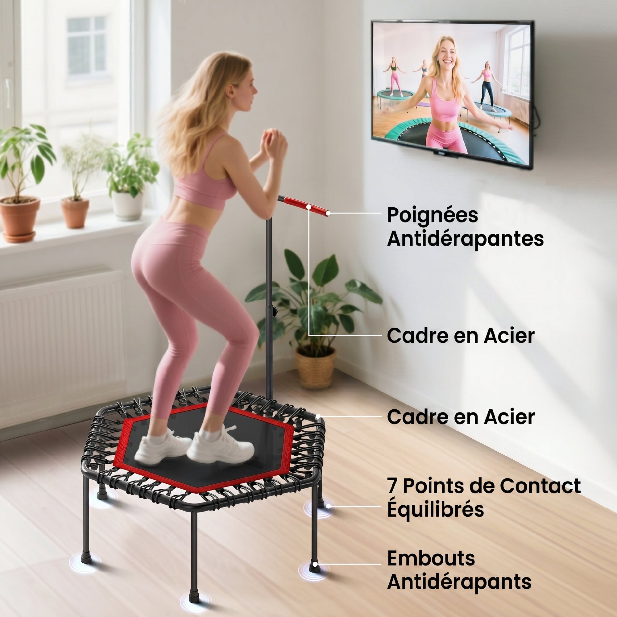 Trampoline de Fitness 114 cm avec Cordes Élastiques et Poignée Réglable - Rouge | Magi Jouets
